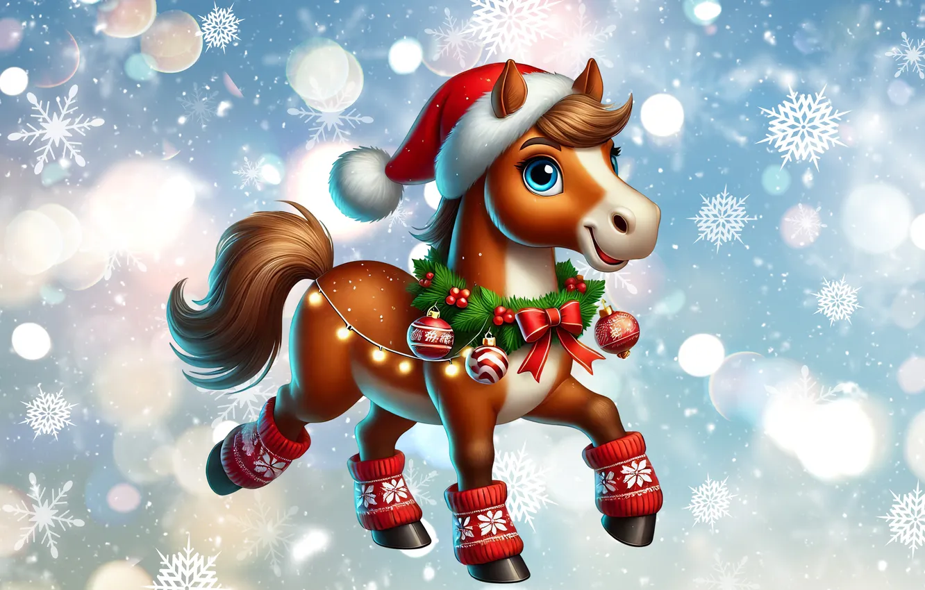 Photo wallpaper snowflakes, horse, horse, new year, Christmas, red, snowfall, wreath