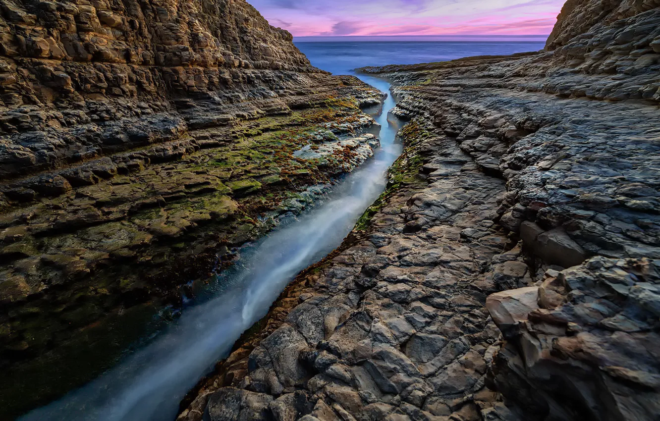 Photo wallpaper water, sunset, stones, the ocean, rocks, CA, crack