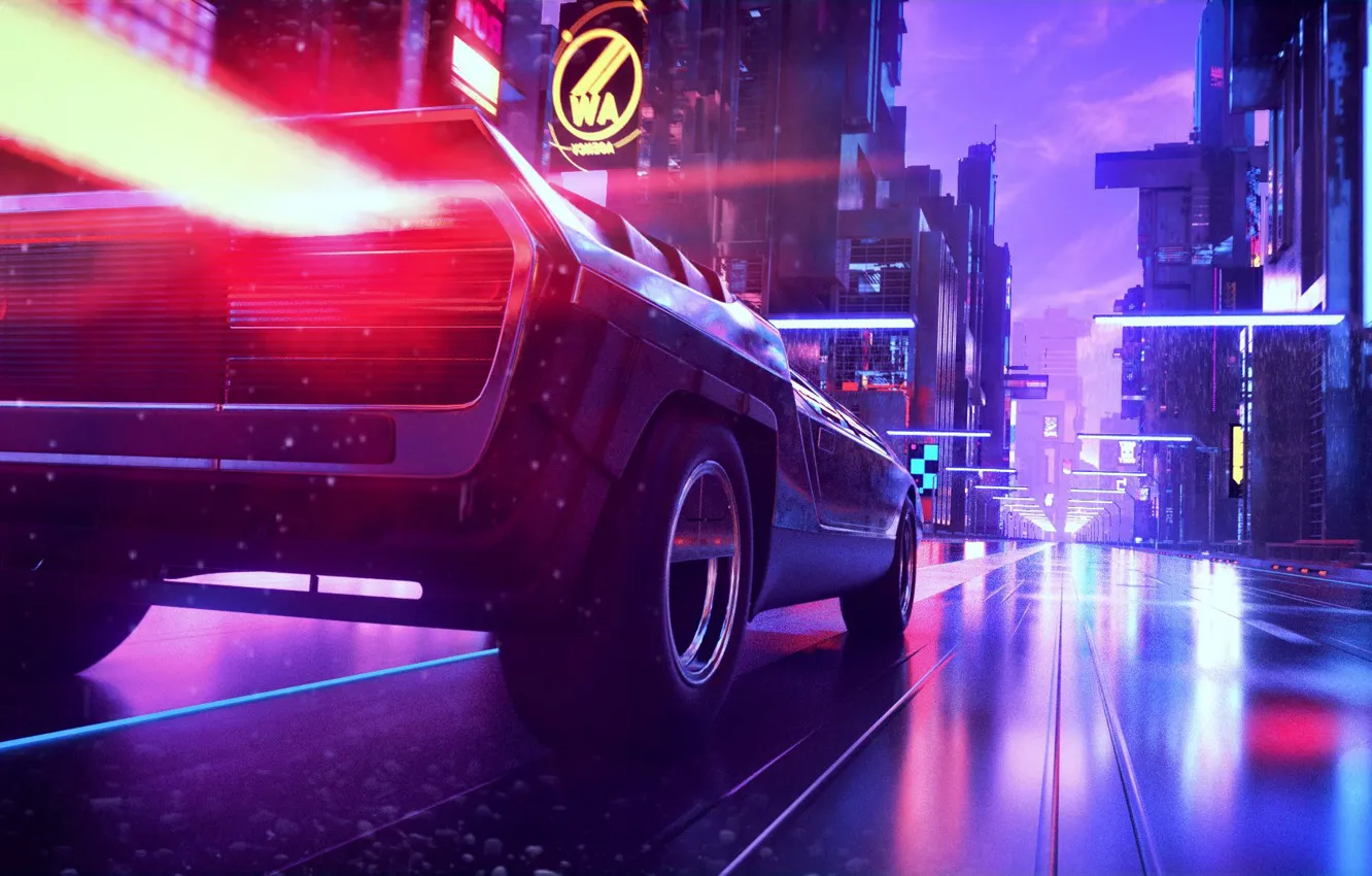 Photo wallpaper Auto, Road, Music, The city, Machine, Background, Synth, Retrowave