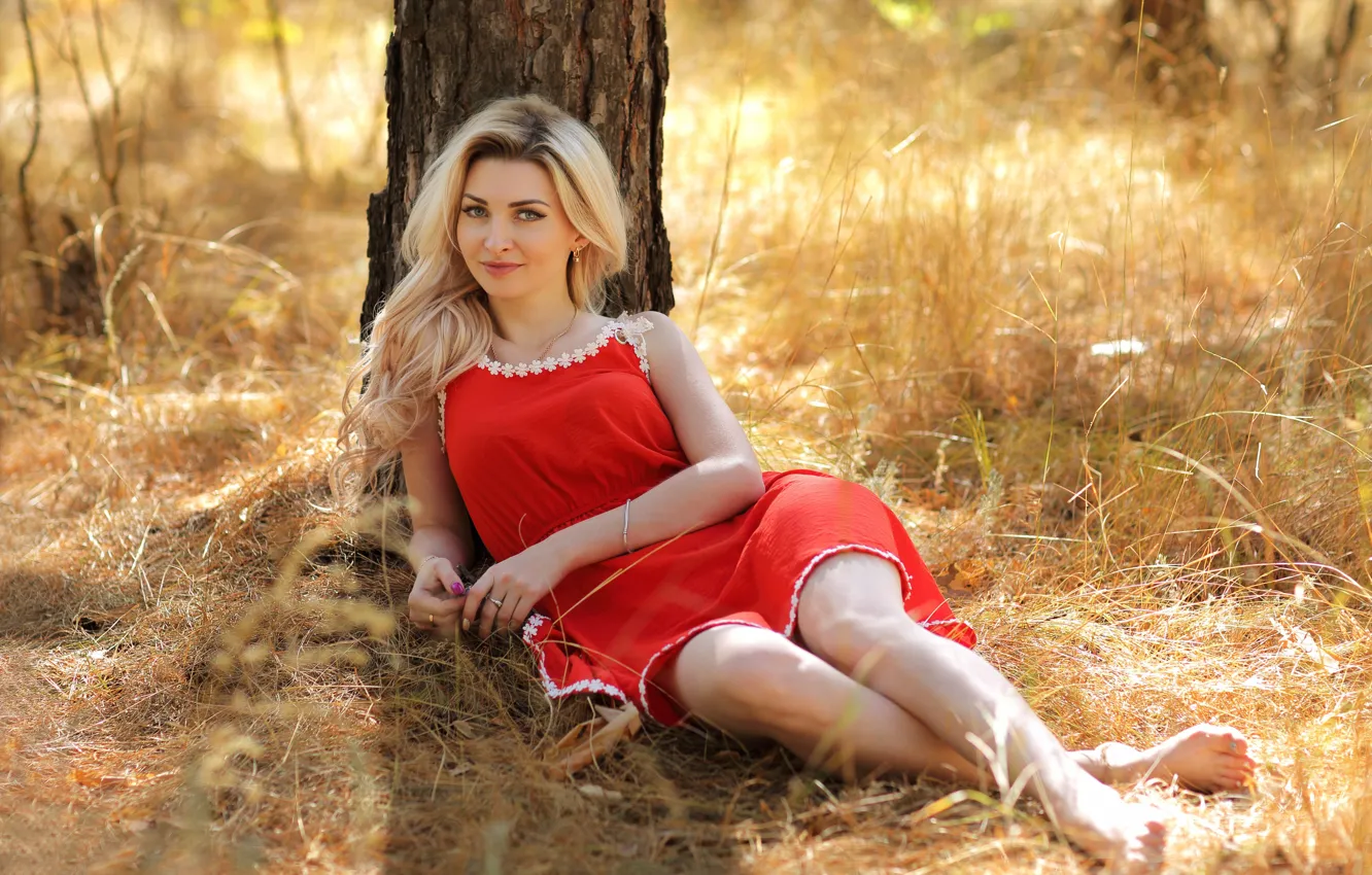 Photo wallpaper look, smile, tree, red dress, beautiful blonde, Murat Kuzhakhmetov, Lyudmila