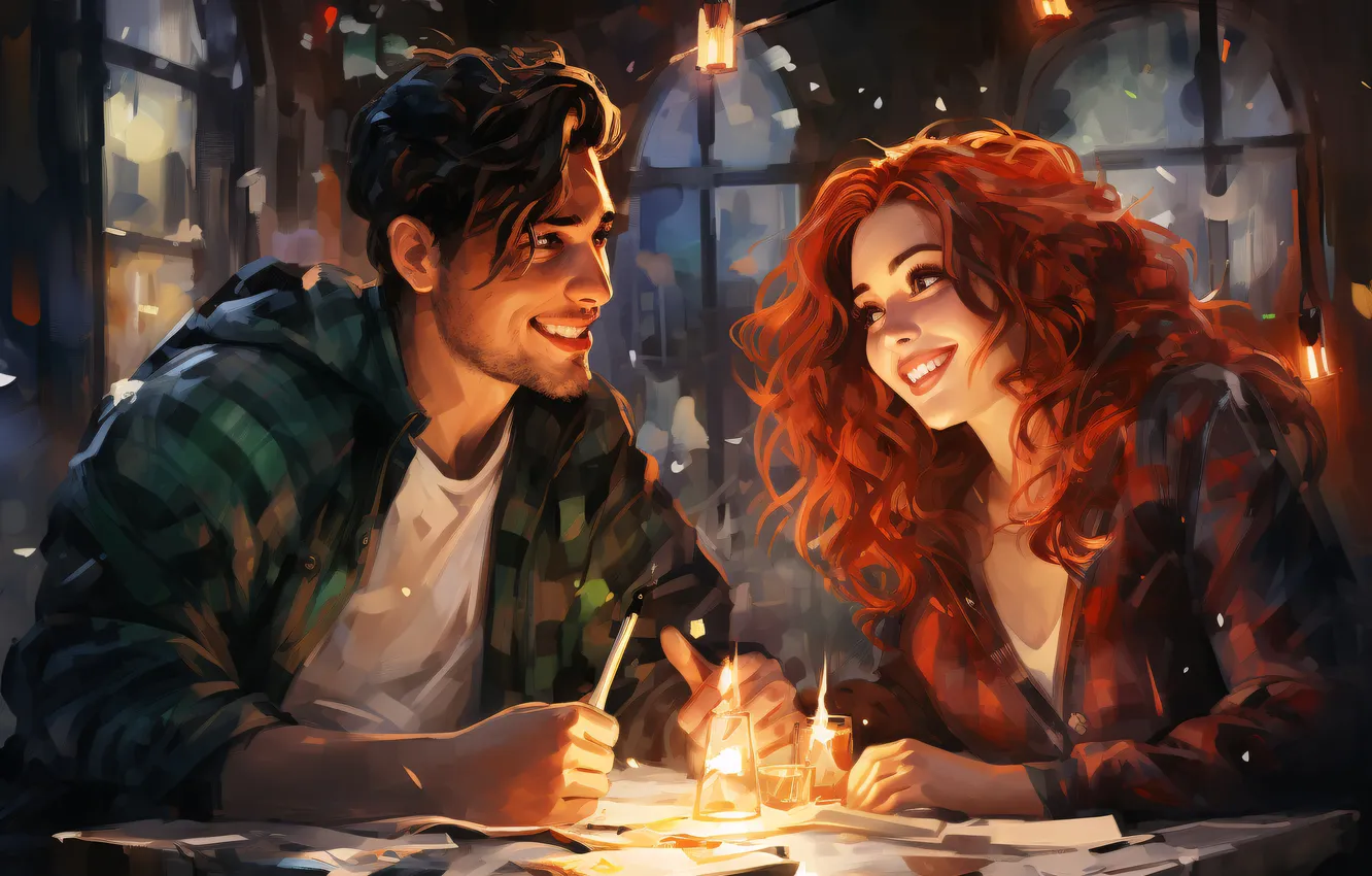 Photo wallpaper girl, joy, smile, table, new year, candles, Christmas, guy