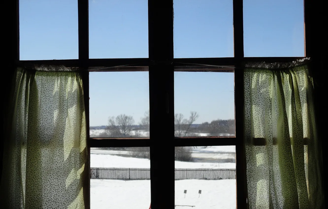Photo wallpaper the sky, snow, spring, window, curtains, wallpaper, wallpapers