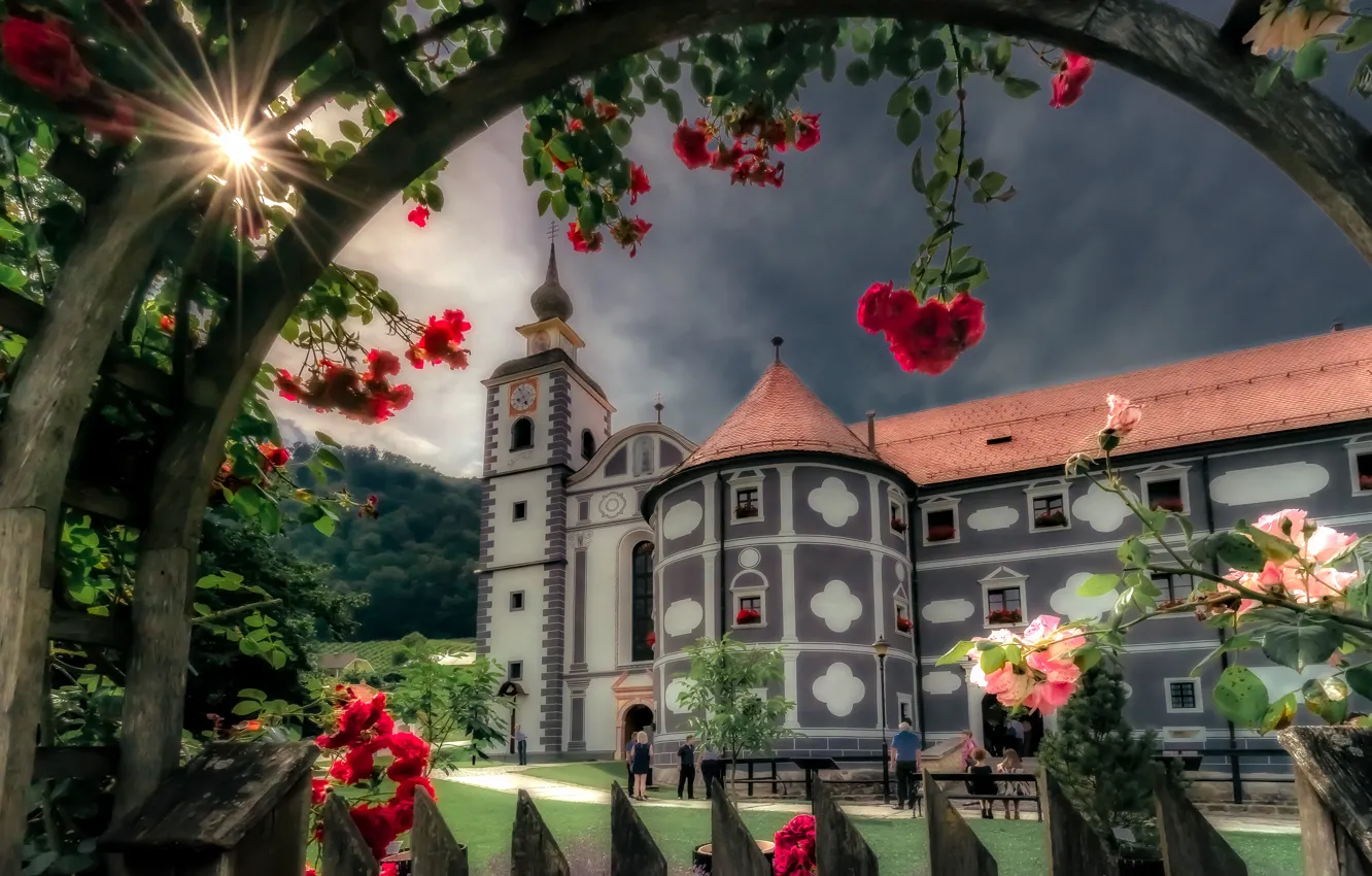 Photo wallpaper flowers, roses, the monastery, Slovenia, Slovenia, Olimje, Olimje, Olimje Monastery
