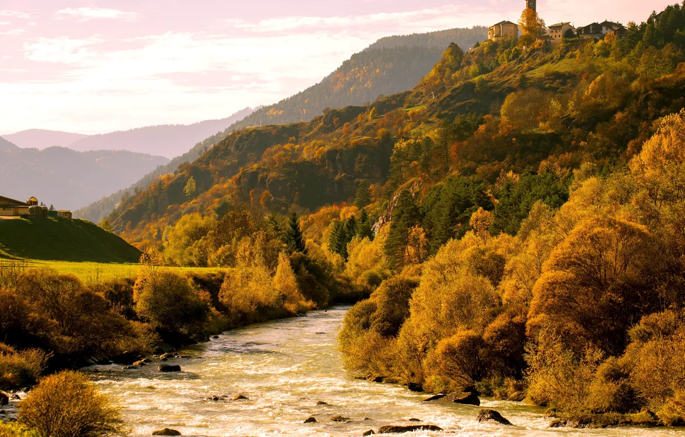 Photo wallpaper autumn, trees, mountains, river, Alps, Italy, Bank, Val di Fiemme