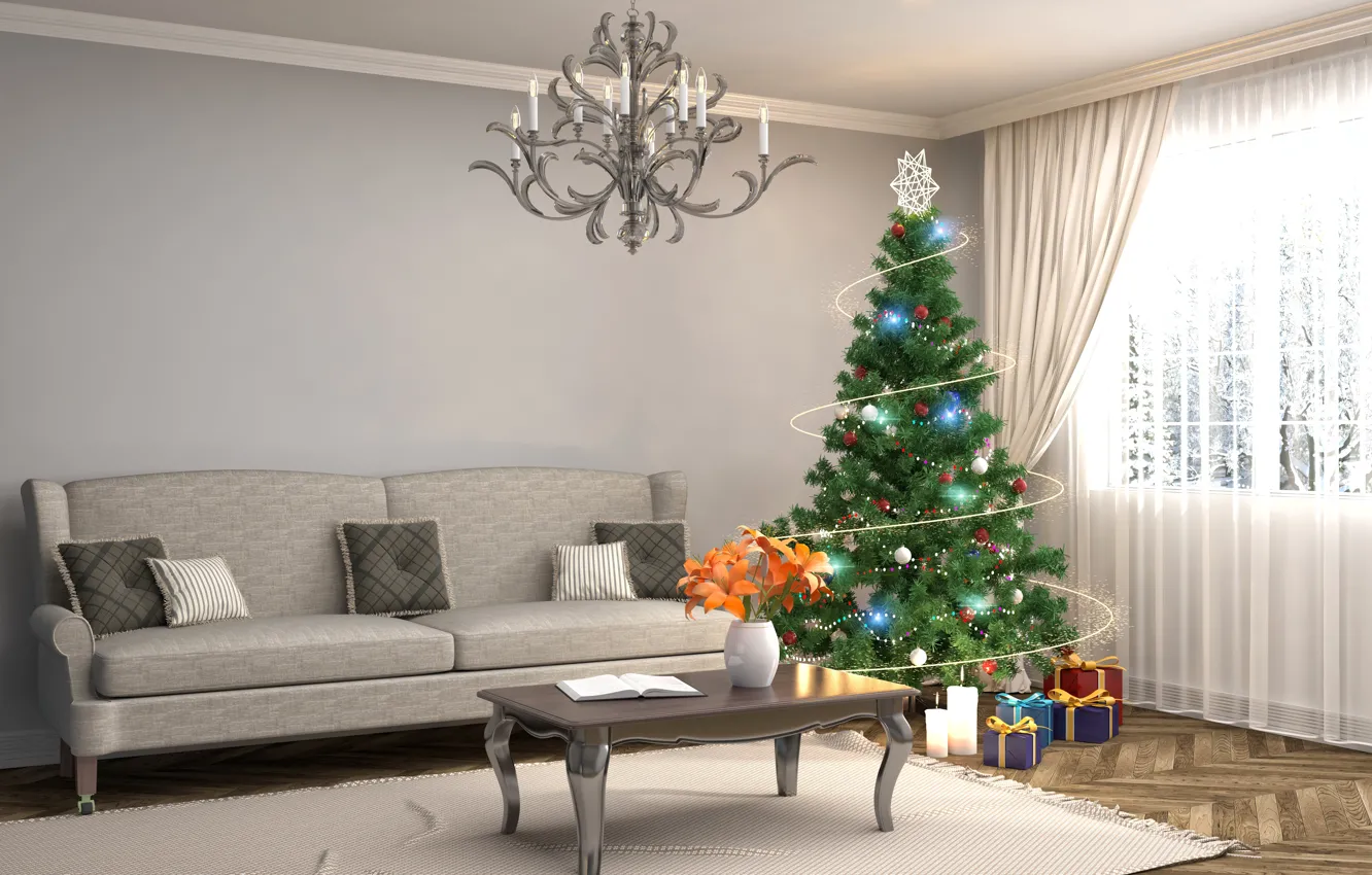 Photo wallpaper design, room, sofa, holiday, new year, interior, living room