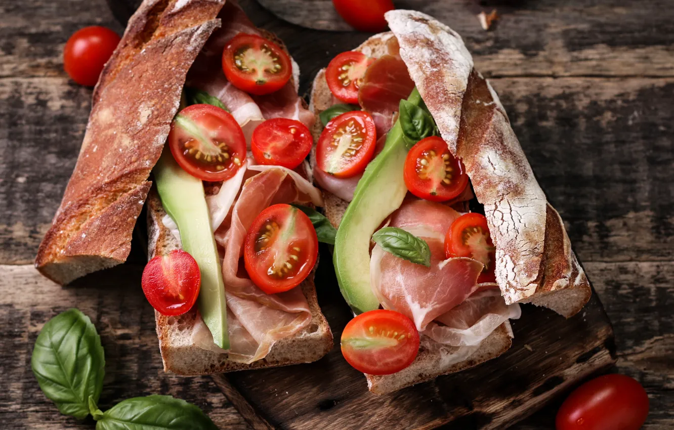 Photo wallpaper bread, Basil, wood, sandwich, bread, sandwiches, tomato