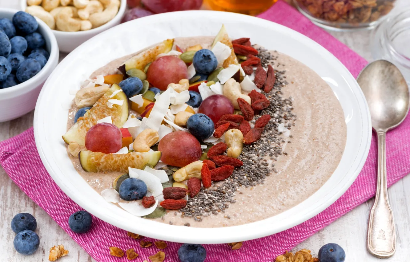 Photo wallpaper blueberries, figs, Goji, berries, porridge, fruit, Breakfast, grapes