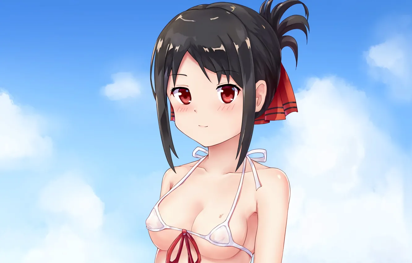 Photo wallpaper girl, sexy, cleavage, boobs, anime, beautiful, red eyes, short hair