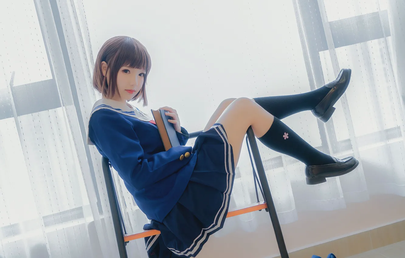 Photo wallpaper look, pose, book, schoolgirl, Asian, uniform, cute girl, sitting on a chair