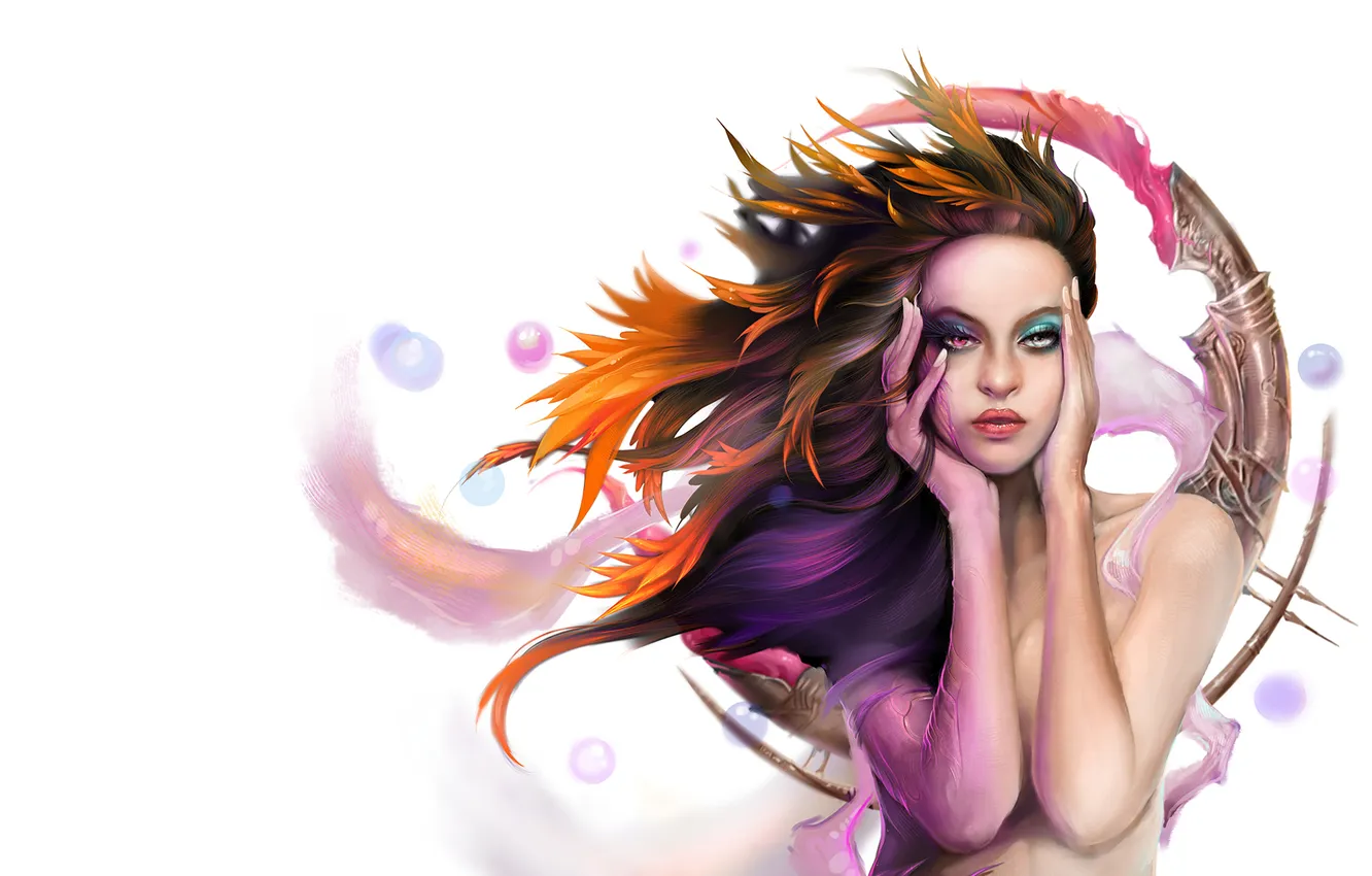 Photo wallpaper girl, balls, hands, art, white background, different eyes