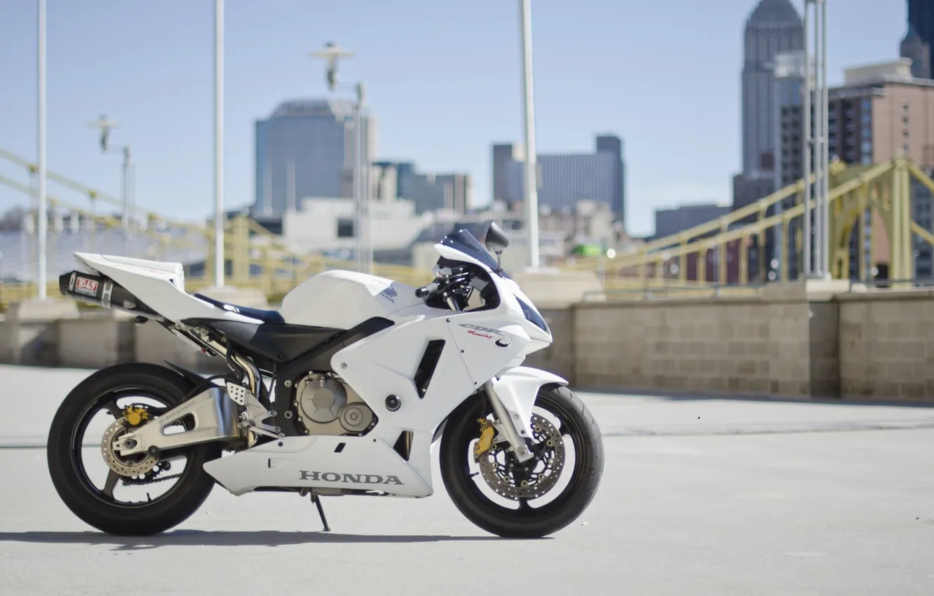 Photo wallpaper city, the city, motorcycle, white, white, honda, Honda, cbr600rr