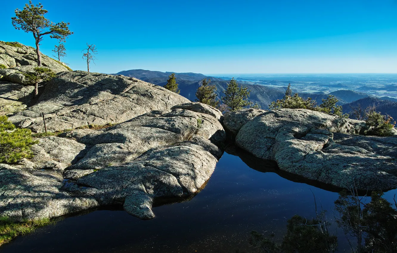 Photo wallpaper the sky, trees, mountains, lake, rocks