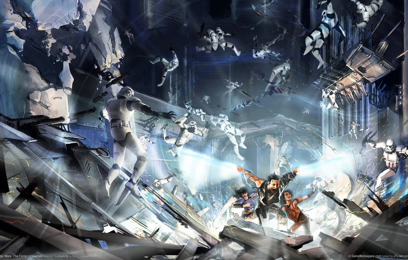 Photo wallpaper ship, hangar, soldiers, attack, Jedi, weightlessness, game wallpapers, Star Wars: The Force Unleashed