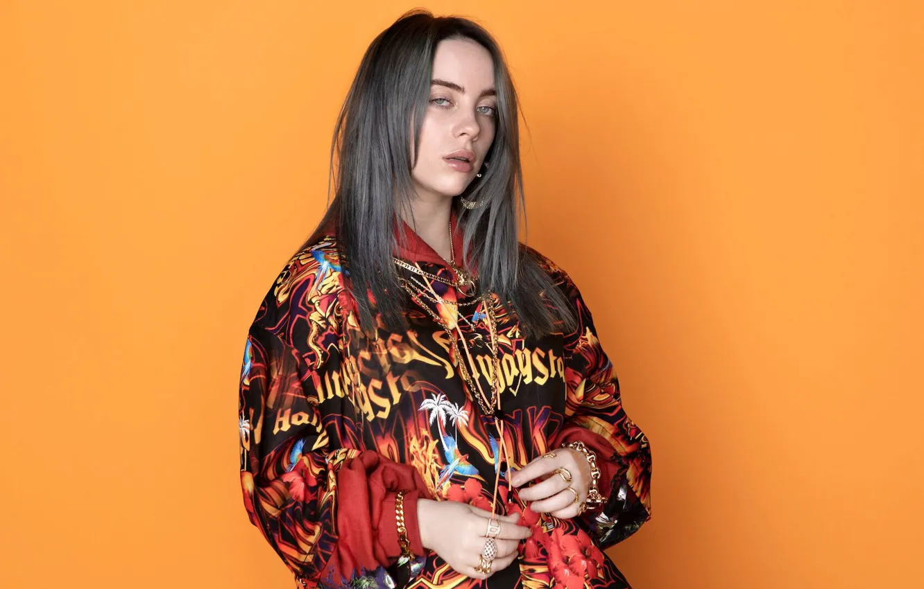 Photo wallpaper decoration, orange, singer, orange background, singer, Billie Eilish, Billy Iles