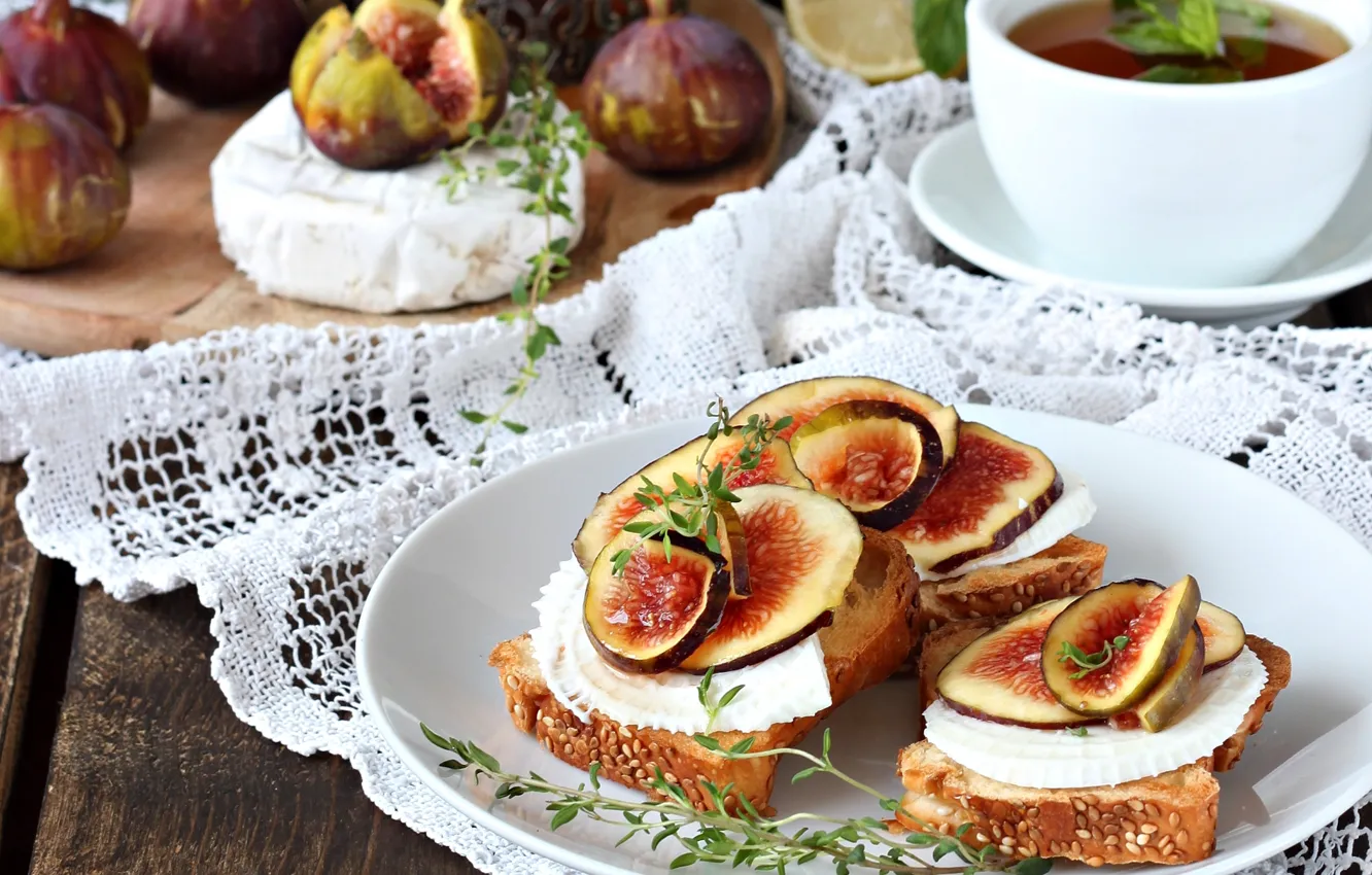 Photo wallpaper tea, cheese, sandwiches, figs
