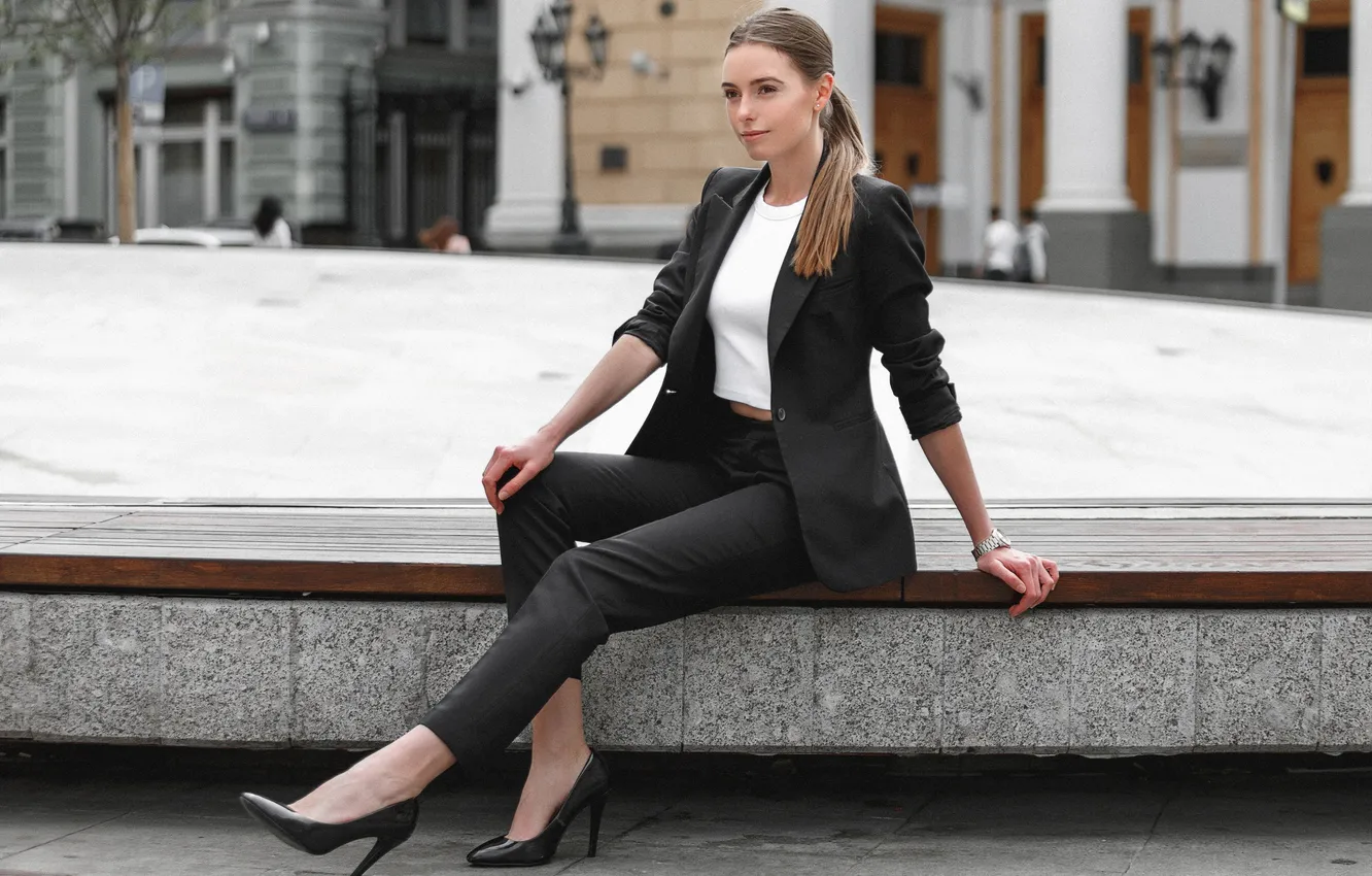 Photo wallpaper girl, sitting, photoshoot, heels, jacket