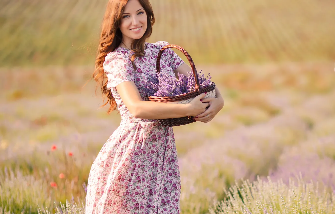 Photo wallpaper girl, flowers, nature, face, woman, lavender