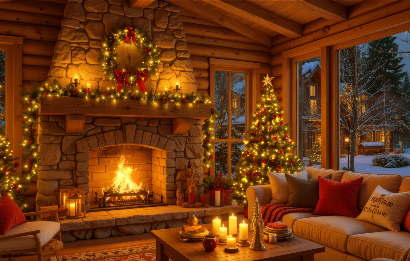 Photo wallpaper lights, fire, snow, interior, Christmas tree, fireplace, candle