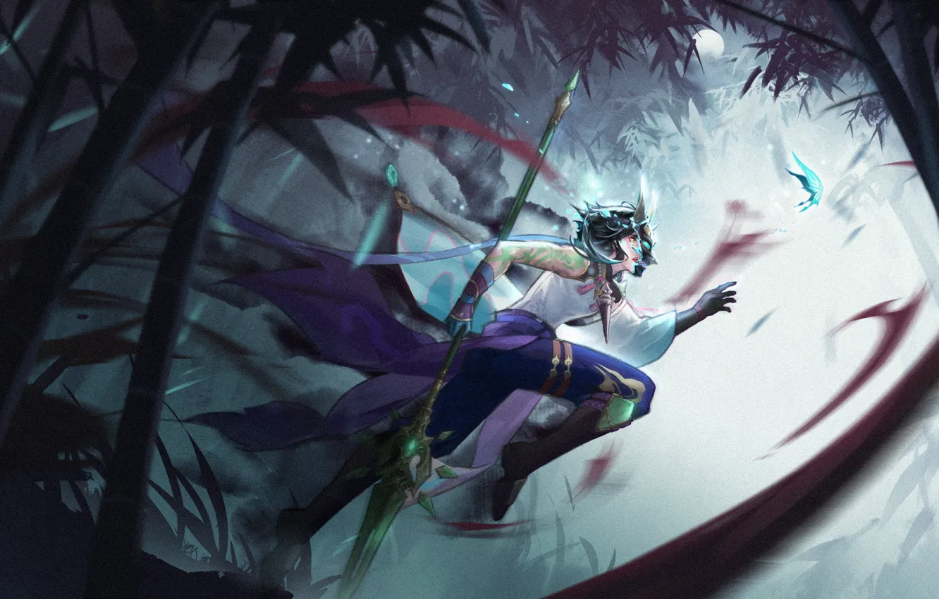 Photo wallpaper butterfly, guy, bamboo forest, Xiao, Genshin Impact