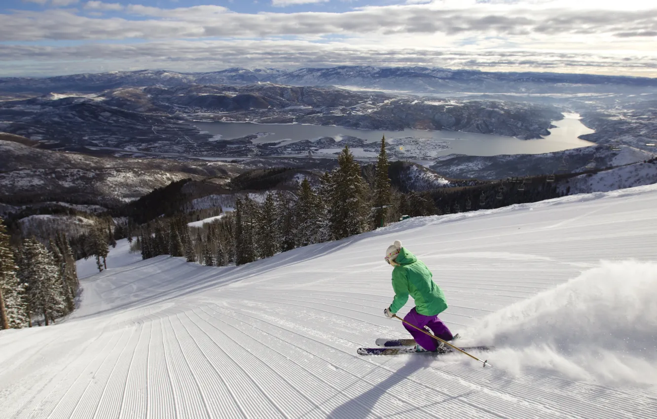 Photo wallpaper forest, the sky, clouds, snow, landscape, mountains, nature, lake