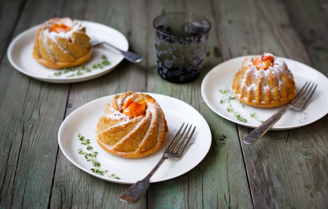 Photo wallpaper glass, plates, fruit, apricot, cakes, cupcakes, fork, Julia Khusainova