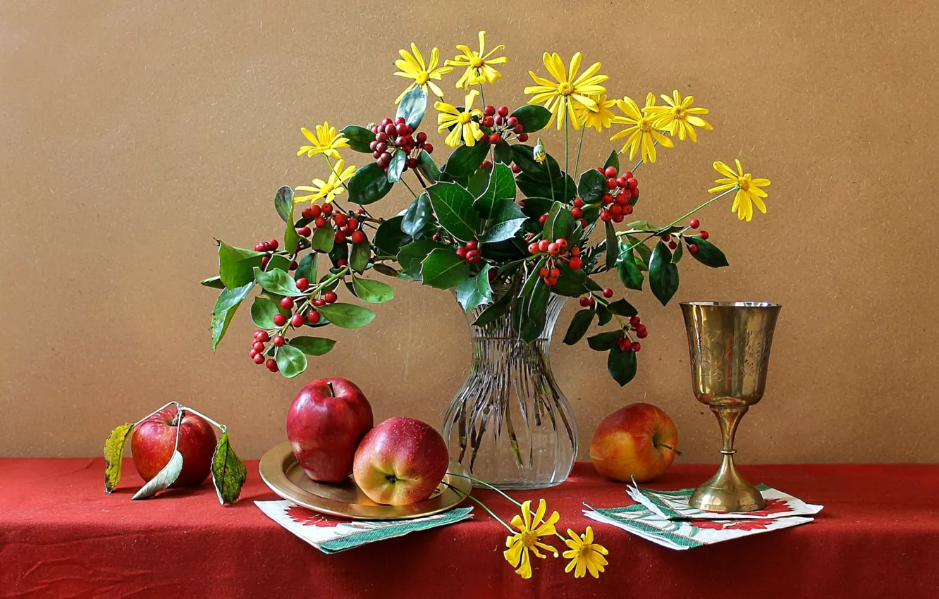 Photo wallpaper flowers, apples, vase, fruit, still life, Cup