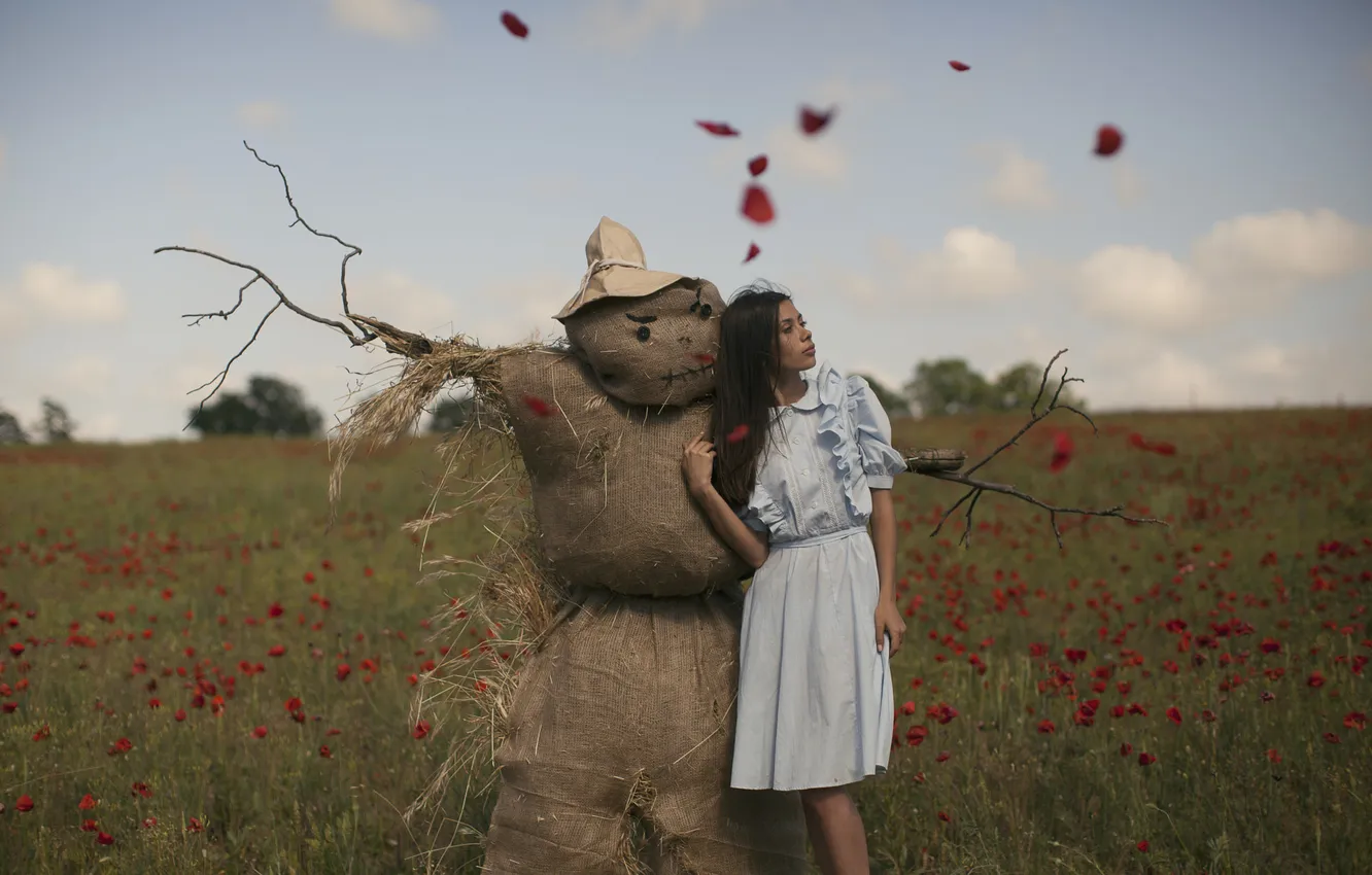 Photo wallpaper the sky, look, girl, flowers, branches, nature, pose, together