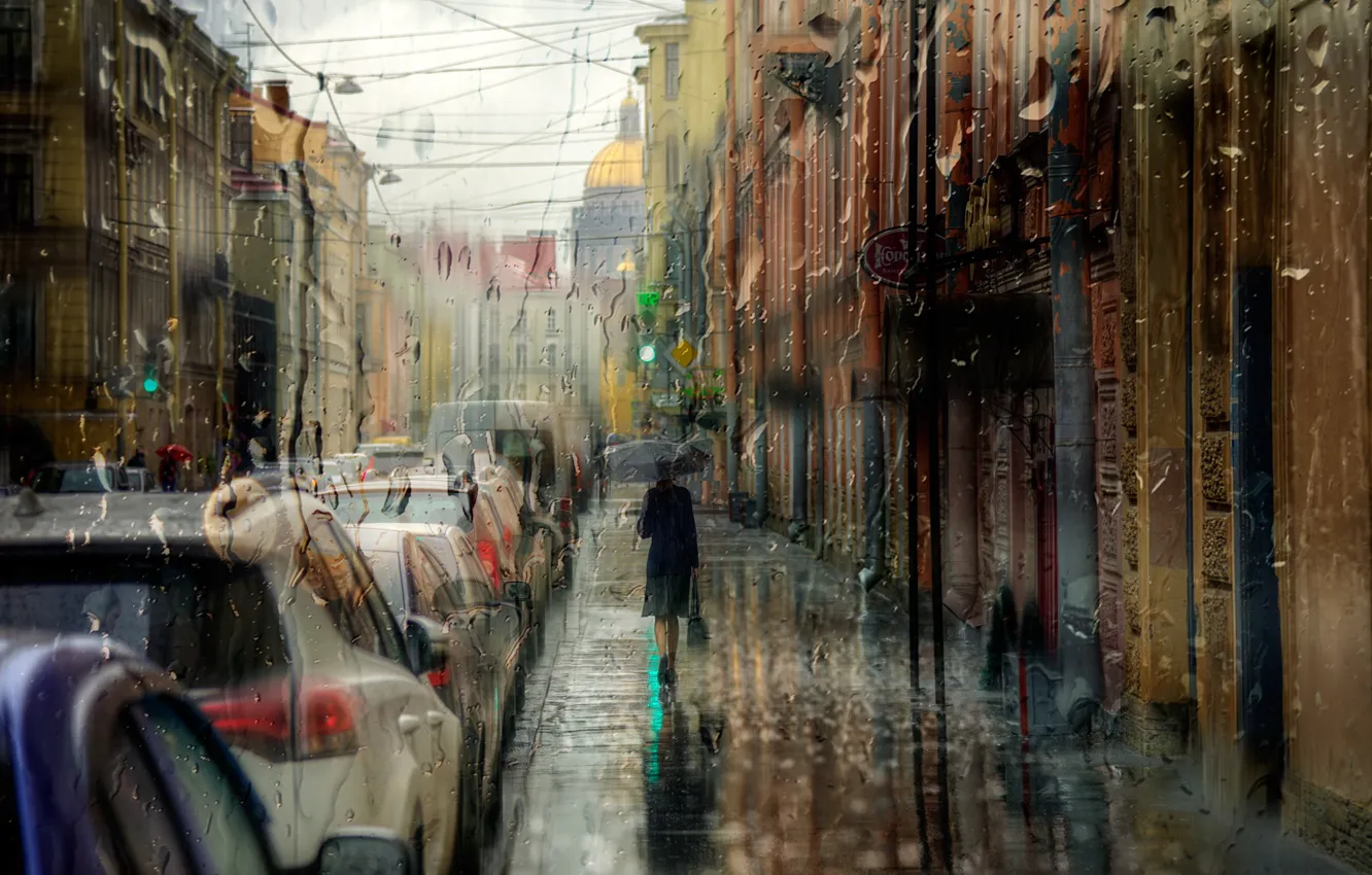 Photo wallpaper girl, drops, rain, umbrella, Saint Petersburg, September
