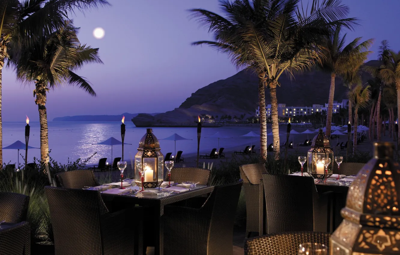 Photo wallpaper beach, the city, palm trees, the evening, restaurant