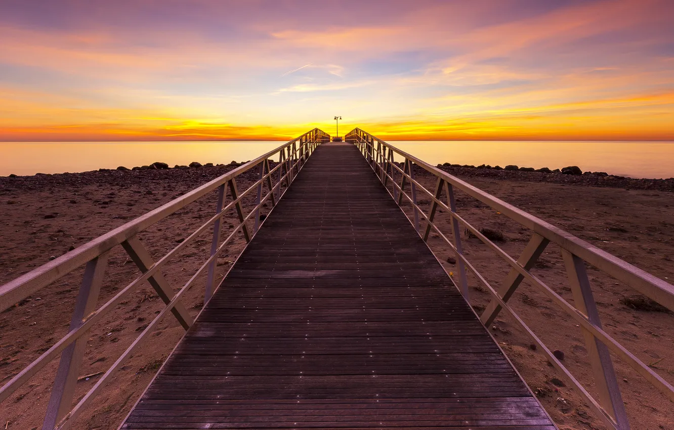 Photo wallpaper sunset, bridge, pierce, pond
