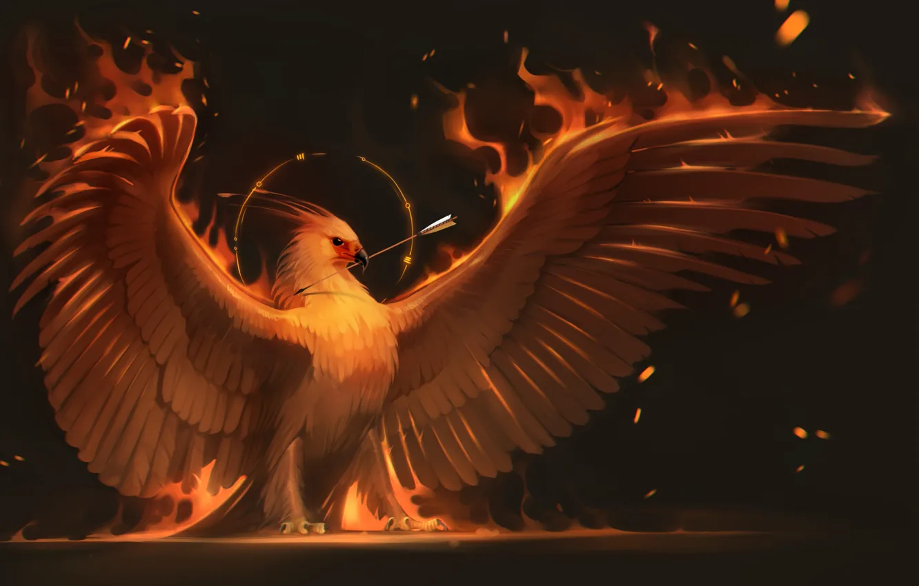 Photo wallpaper fire, bird, wings, art, arrow, Phoenix, phoenix