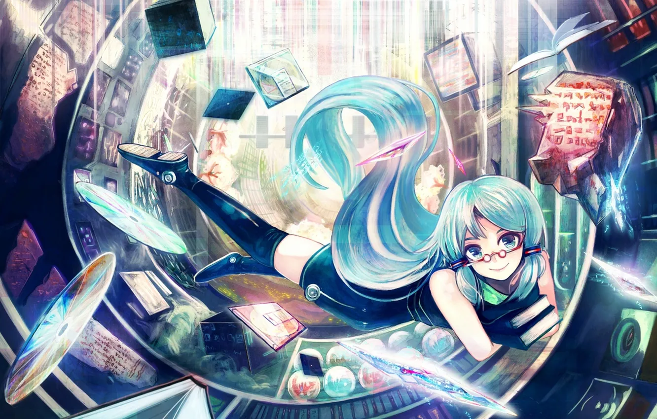 Photo wallpaper girl, art, glasses, book, vocaloid, hatsune miku, drives, Vocaloid