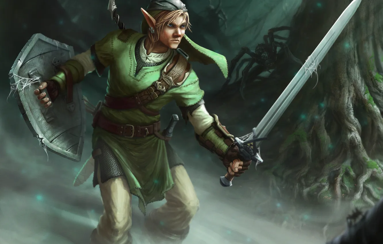 Photo wallpaper trees, web, spider, sword, art, guy, The Legend of Zelda, Link