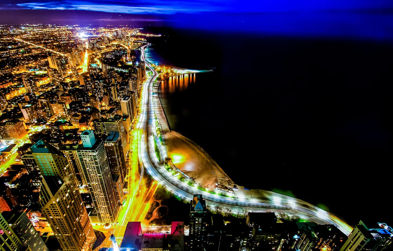 Photo wallpaper night, the city, lights, river, skyscrapers, Chicago, Chicago, Illinois