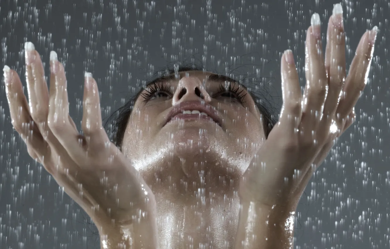 Photo wallpaper water, girl, drops, eyelashes, rain, hands, fingers, nails