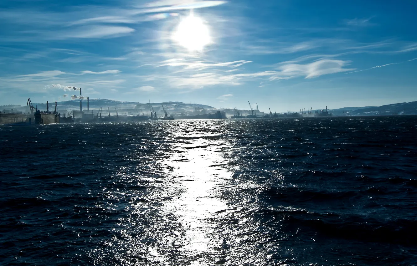 Photo wallpaper sea, wave, the sky, the sun, shore, crane, port, Doc