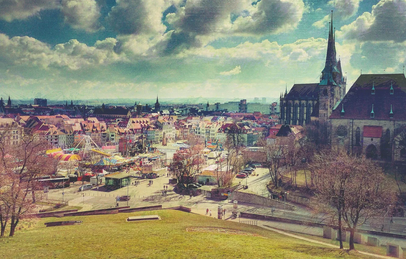Photo wallpaper the sky, clouds, Park, people, hills, roof, Church, Sunny
