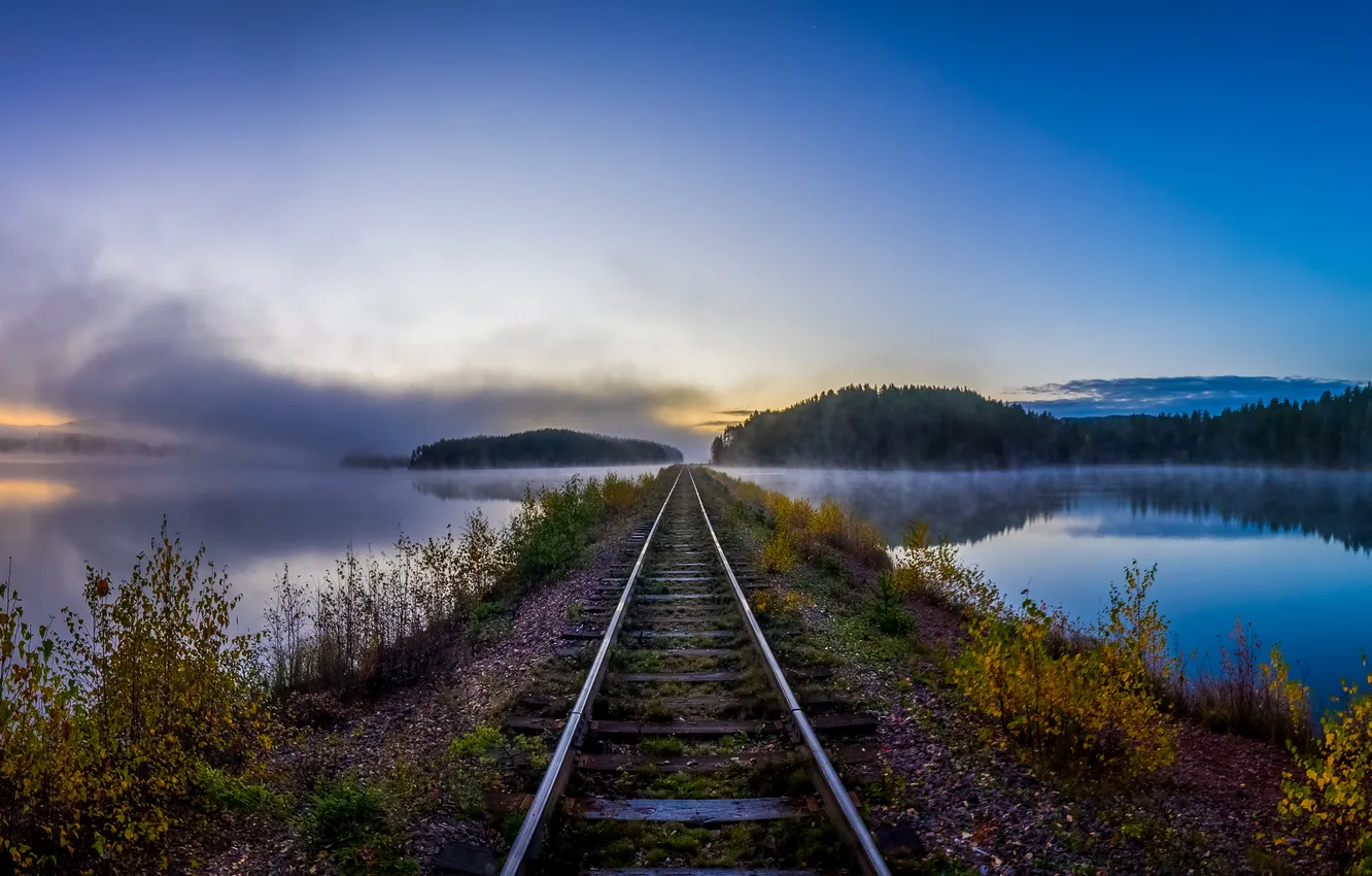 Photo wallpaper road, trees, lake, rails, the evening, panorama