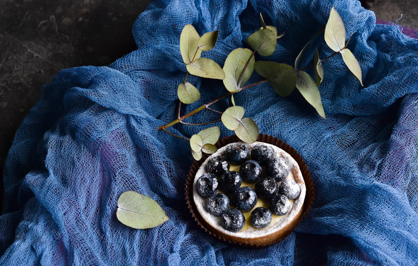 Photo wallpaper leaves, berries, food, branch, blueberries, fabric, blueberry pie