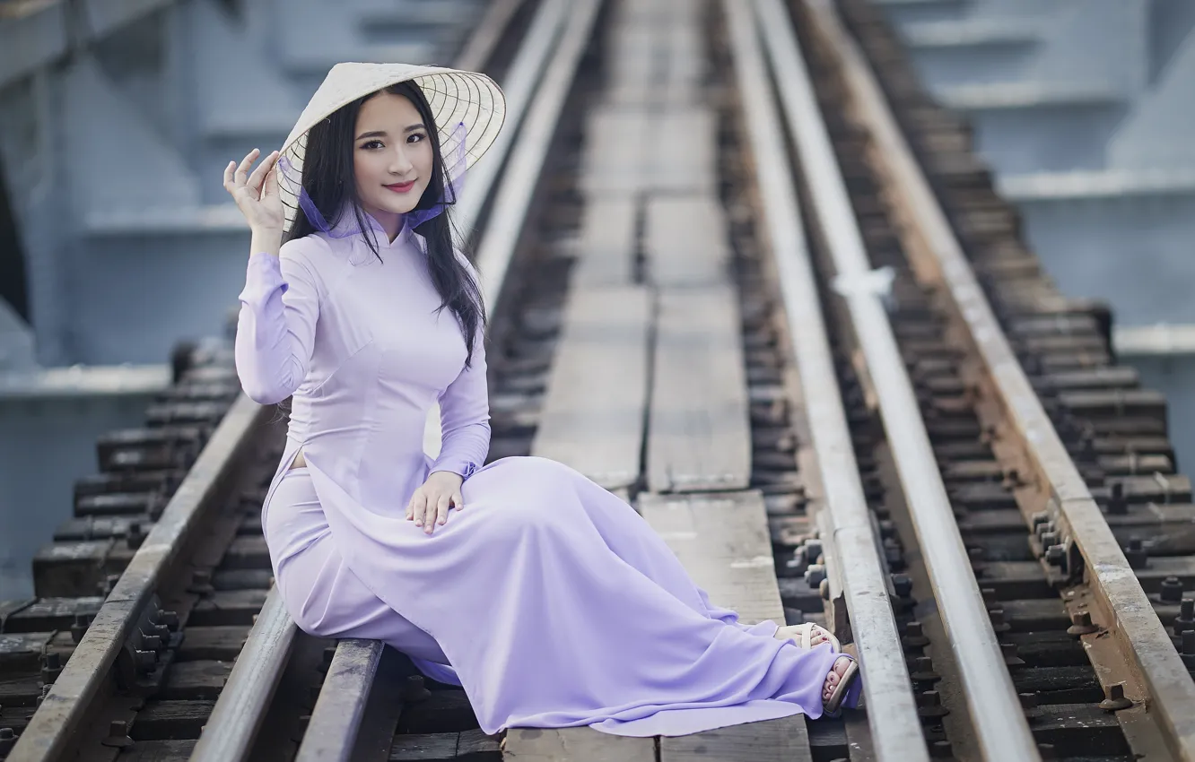 Photo wallpaper girl, nature, railroad, Asian