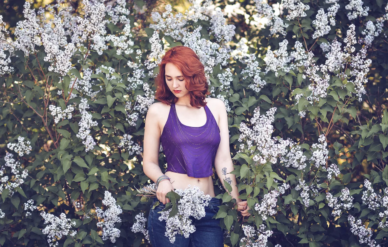 Photo wallpaper girl, flowers, nature, pose, the situation, spring, flowering, the bushes
