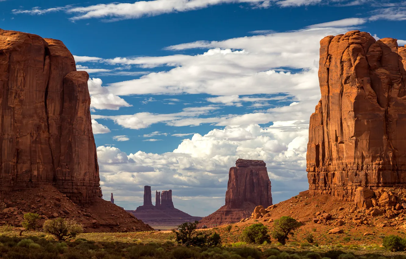 Photo wallpaper the sky, clouds, rocks, mountain, USA, monument valley