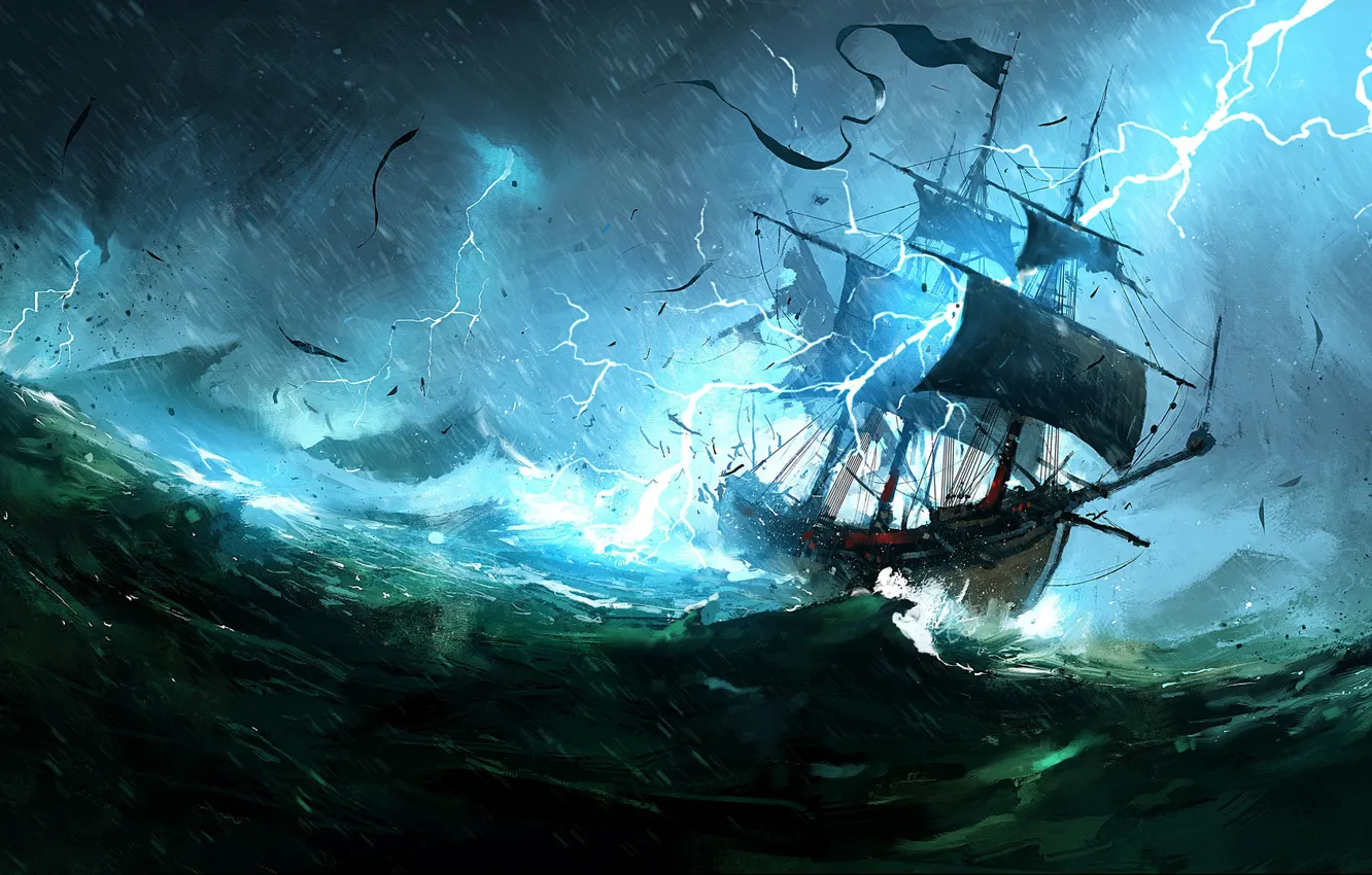 Photo wallpaper sea, storm, the ocean, lightning, ship, Concept Art, Dominik Mayer, Environments