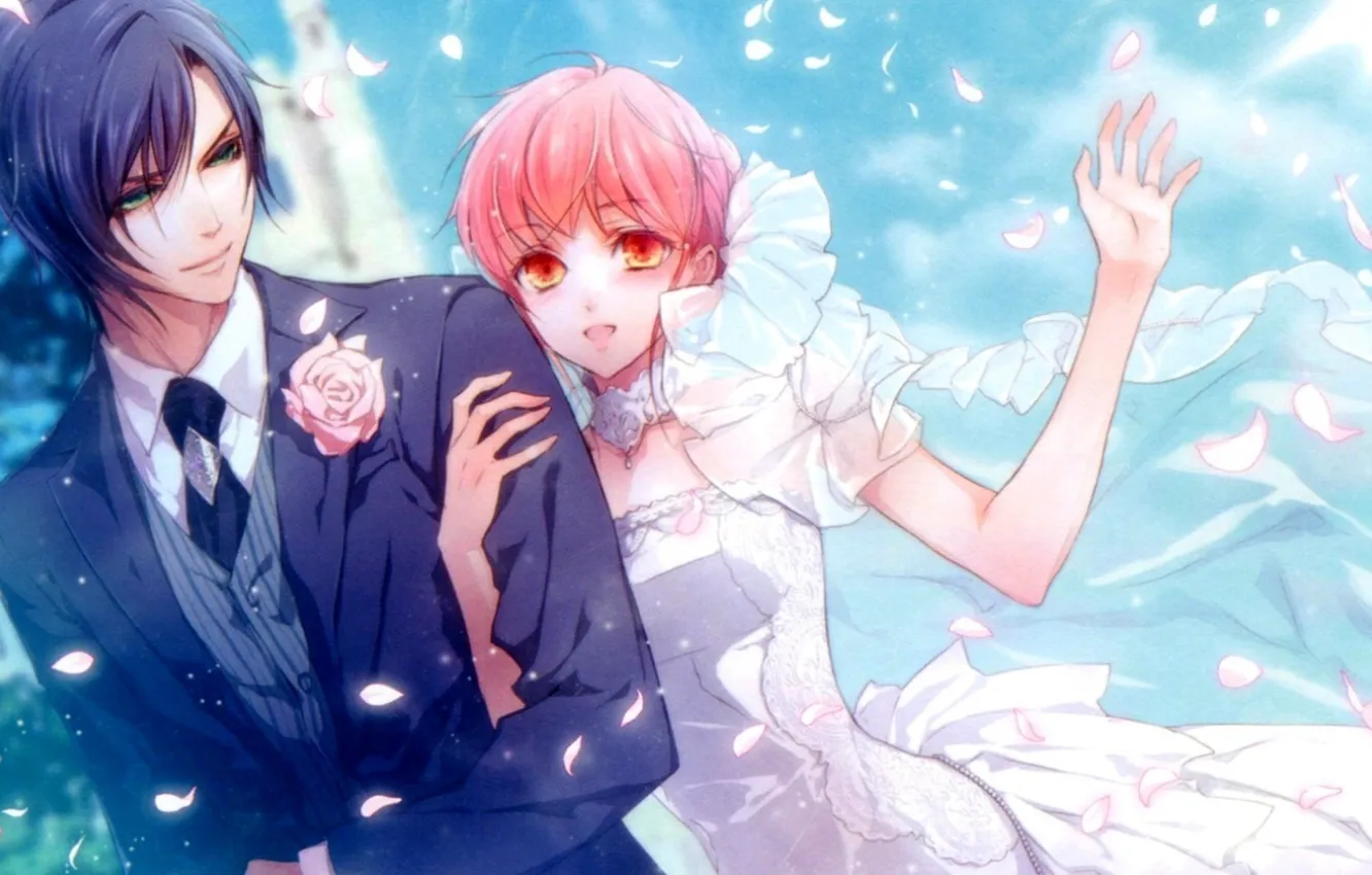 Photo wallpaper girl, the game, figure, petals, art, pair, guy, the bride