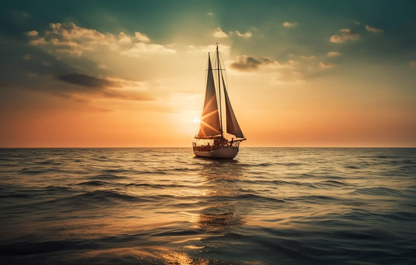 Photo wallpaper sea, sunset, sailboat, sea, sunset, yacht, sailing, generated by artificial intelligence