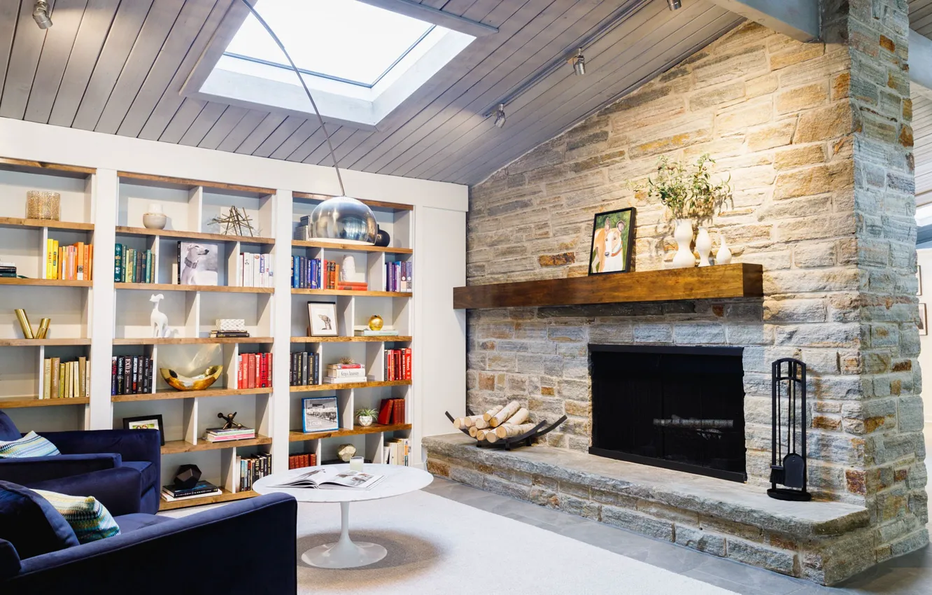 Photo wallpaper design, style, interior, fireplace, library, living room