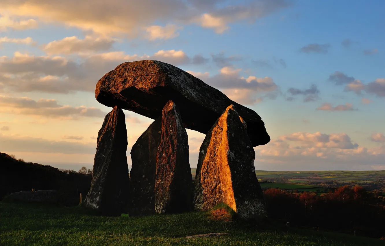 Photo wallpaper field, autumn, the sky, clouds, stones, background, blue, hills