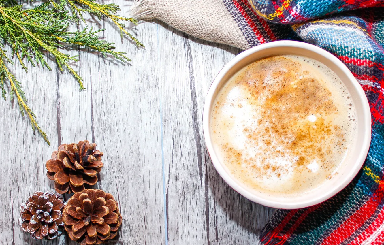 Photo wallpaper new year, coffee, cinnamon, needles, bumps