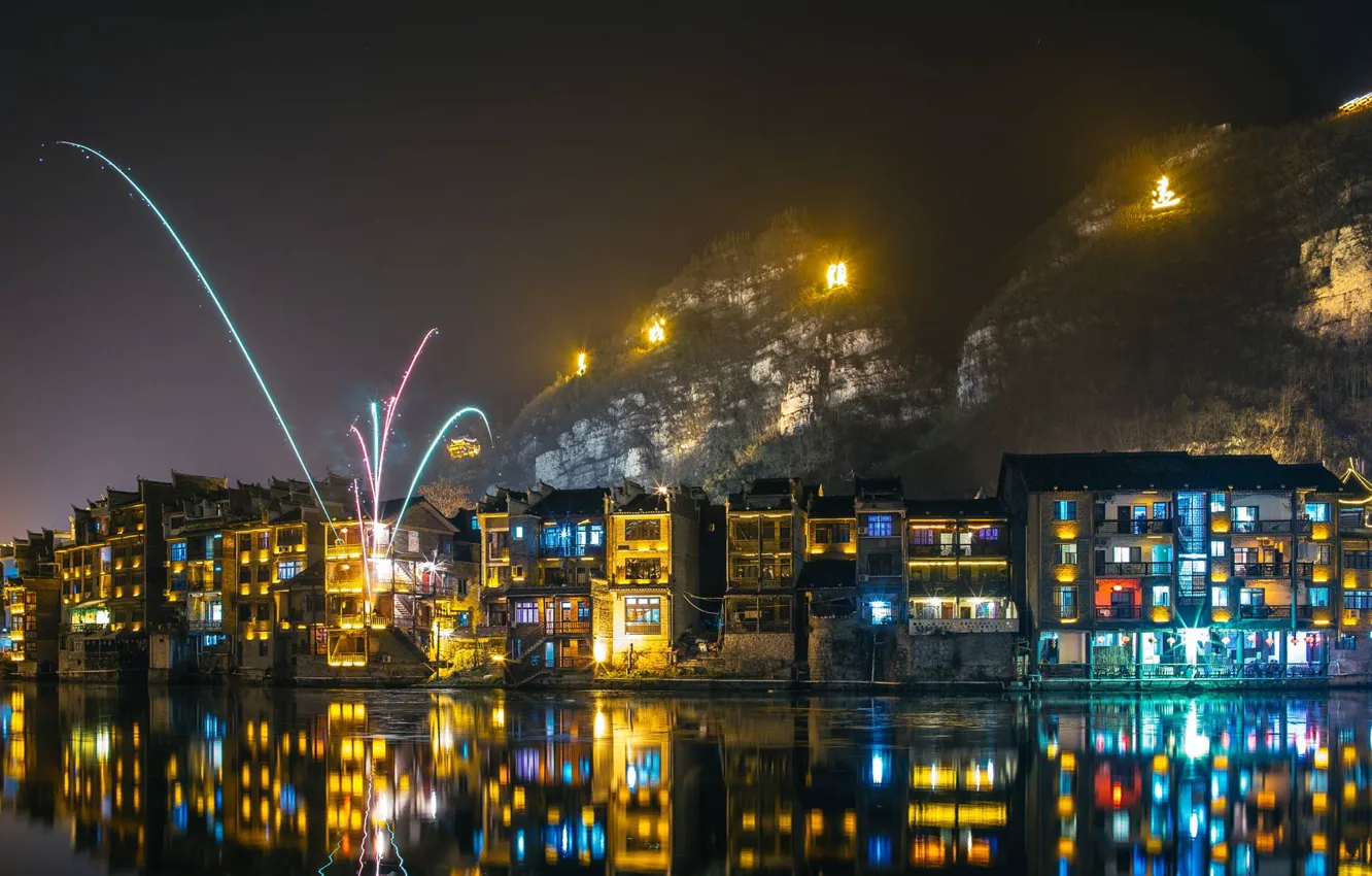Photo wallpaper lights, New Year, China, fireworks