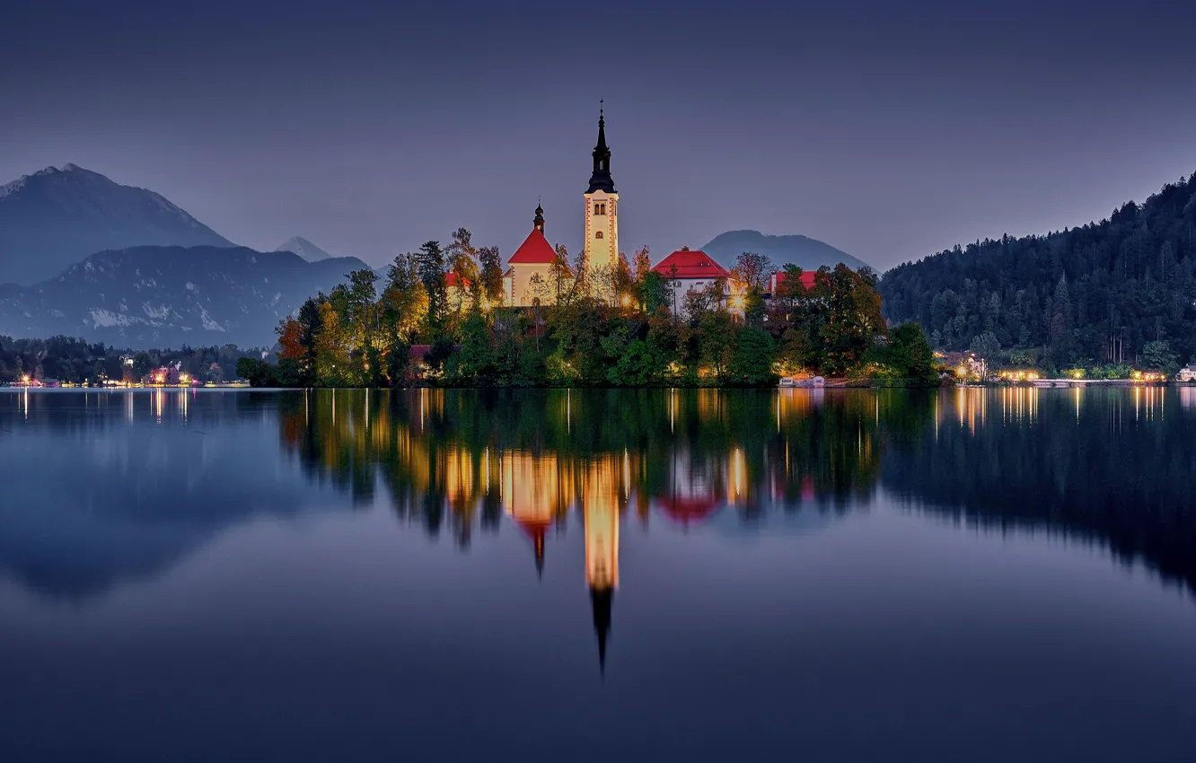 Photo wallpaper mountains, lake, reflection, island, Slovenia, Lake Bled, Slovenia, Lake bled